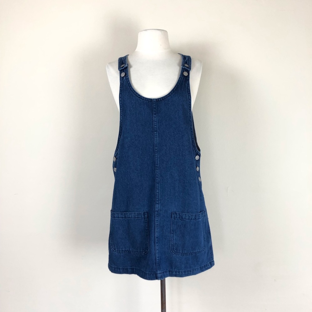 vintage 90s denim overalls dress cotton y2k jean mini pinafore jumper bib grunge - Picture 2 of 9